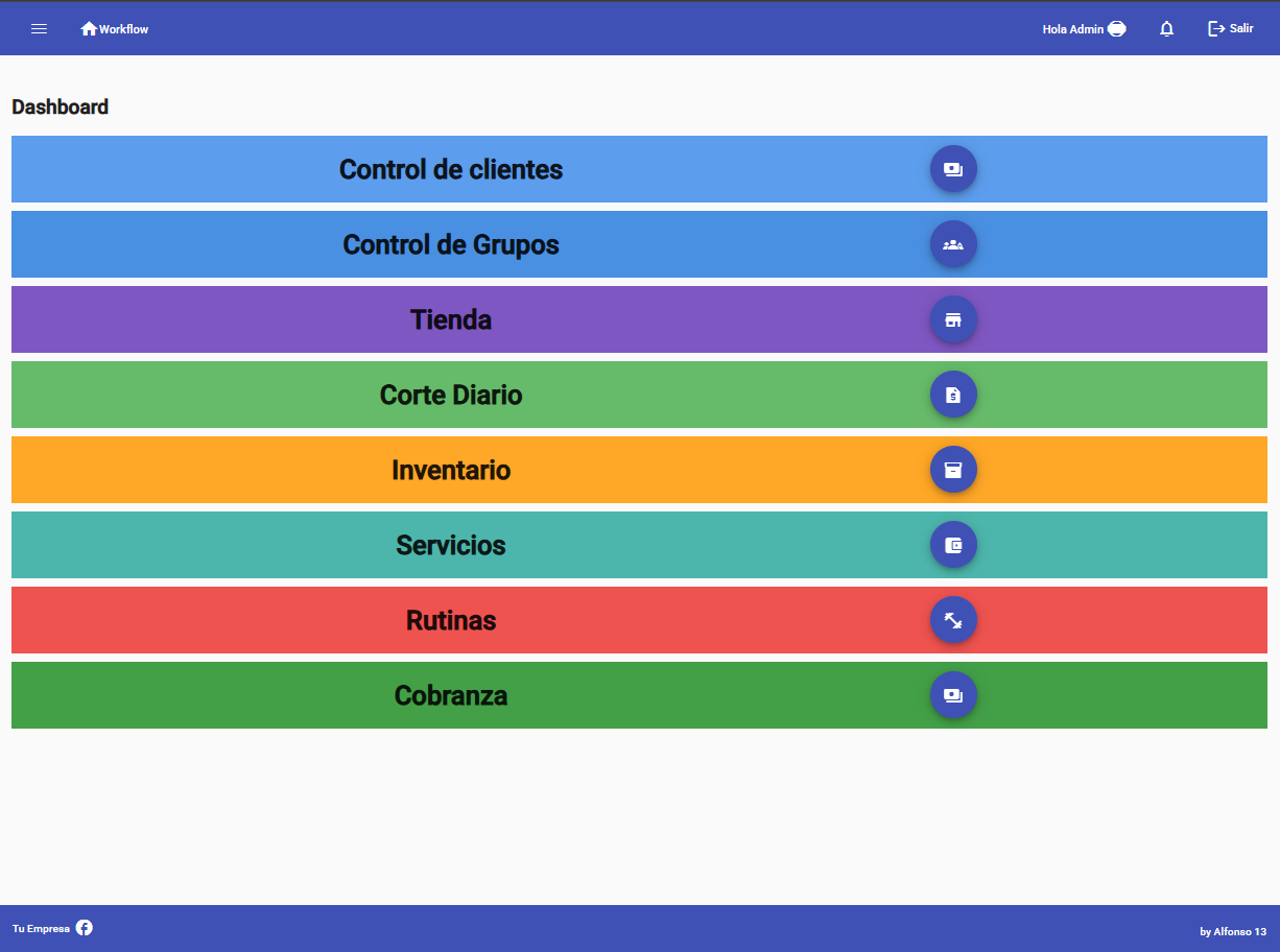 Dashboard real de The App Gym con accesos a clientes, grupos, tienda, corte diario, inventario, servicios, rutinas y cobranza